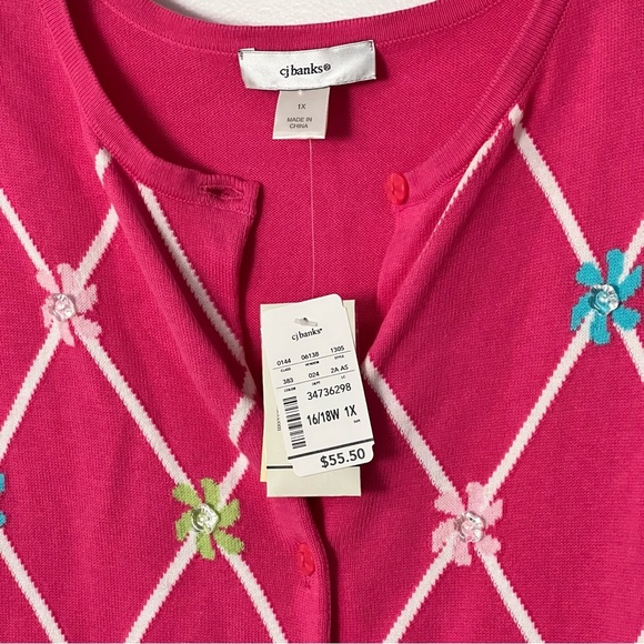 CJ Banks Pink Spring Cardigan Size 1X Argyle Diamond Easter Sweater Whimsy NEW - Picture 3 of 11